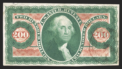 R102a, $200.00 Green and red, imperforate, large and well balanced margins all around, strong rich colors, light handstamp cancellation, faint hinge thin and light diagonal
crease (both are very minor), extremely fine appearance despite the tri