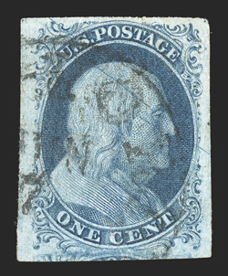 7, 1c Blue, Ty. II, position 8R3, major plate crack running diagonally through Franklins hair and forehead, possessing extraordinarily large and exceptionally well balanced
margins all around, including showing a bit of the adjoining stamp