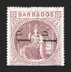 57a, 1878 1D. Surcharge on half of 5- Dull rose, unsevered pair, surcharge reading up, an unusually handsome appearing and well centered example of this exceedingly rare mint
pair, this example possesses a deep rose shade with brightness