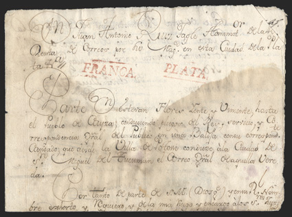 Franca. and Plata., red handstamps of each with lines above and below, on August 29, 1792 postal document sent from La Plata to San Miguel de Tucuman (Argentina), document with
some aging though not affecting the markings, fine and scarce.