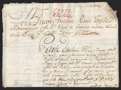 Peru., Plata. and Certi-ficado., red handstamps of each, Plata without lines, on May 25, 1796 postal document from La Plata to Tucuman (Argentina), document with ragged corner
at top right, fine a very scarce trio of markings.
