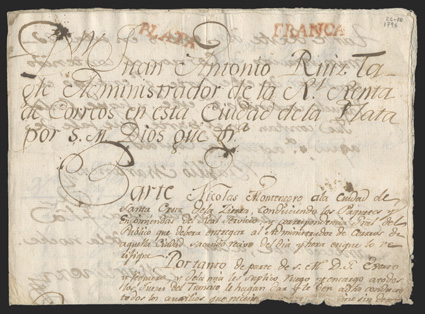 Plata. and Franca, red handstamps of each, both without lines, on October 26, 1796 postal document from La Plata to Santa Cruz de La Sierra, fine.