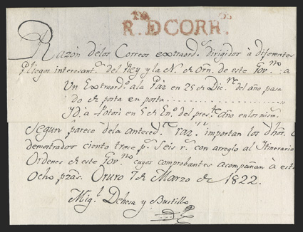 R. D CORR.os red handstamp with TA above R.D, clear strike on March 7, 1822 document, the document being unusually fresh and intact, very fine this is a very rare handstamp
that was used for the remittance of kings and government correspon