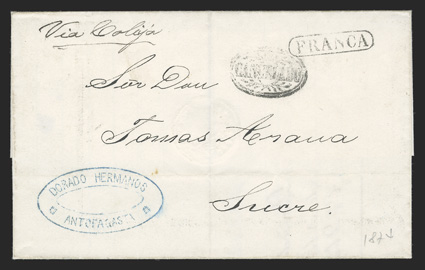 Cancelado ornate black oval handstamp of La Chimba, Department of Litoral on attractive 1874 folded letter from Antofagasta to Sucre, with oval Franca and blue double oval
merchants handstamp at bottom left, ms. via Cobija, very fine.