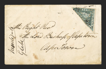 9a, 1861 4p Pale bright blue Wood Block, an impressively margined single with large to huge margins all around, tied by black triangular cancellation to cover from Plettenbergs
Bay to Cape Town, Plettenbergs BayAp 91861 red oval handstam