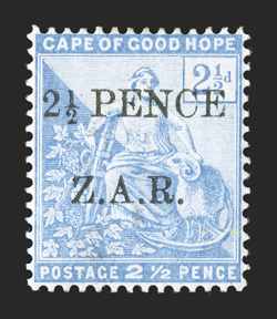 N4, 1899 2½ PenceZ.A.R. Vryburg surcharge on 2½p Ultramarine, nicely centered, rich color, o.g., very fine and quite scarce signed Champion and H. Bloch, as well as being
accompanied by a 1983 Friedl certificate (S.G. 4 £1,700).