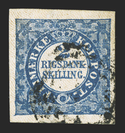 1, 1851 2rs Blue, second printing, impressive used single, with four large to very large margins, strong rich color and a crisp detailed impression, lightly cancelled,
extremely fine and choice 2010 PF certificate (Facit 1II SK 10,000).