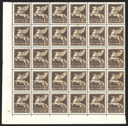 Sassone PA1, 1943 50c Sepia air post, bottom left corner margin block of thirty, well centered, strong color, o.g., all but two stamps never hinged, some perf. separation,
small toned spot between fourth stamps in the top two rows, otherwise ver
