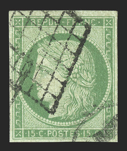 2, 1849 15c Green on greenish, used, four full to large margins, bright fresh color, diamond grid cancel, trivial corner crease at bottom right, otherwise very fine (Yvert 2
€1,000).