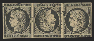 3c, 1849 20c Black on yellowish, tete-beche pair, horizontal strip of three, the middle stamp inverted, the left tete-beche pair with full margins, extraneous right stamp just
into the bottom frame line, strong impression, light star of dots rem