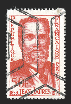 928 var., 1959 50Fr Jaures, unissued design in red, with the proper cancel that is found on all used unissued examples, bright color, small paper adherence in the top right
corner, otherwise very fine only a small number exist (Yvert 1217 var.