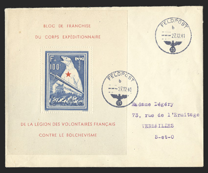 Yvert 1, 1941 F+100F French Legion Polar Bear souvenir sheet, tied to cover to Versailles by Feldpost27.12.41 datestamp which is repeated at top right, very
fine.