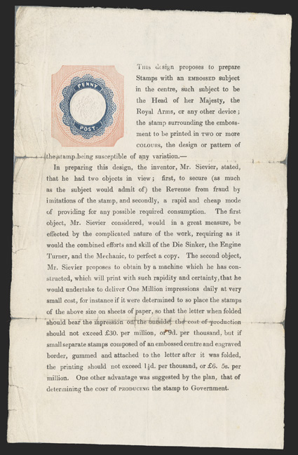 Robert W. Sievier engined-turned essay in pink and dark blue with embossed center, on complete page from the Westminster Gazette, the page with some slight soiling and paper
splitting where folded, fine and quite rare.
