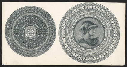 Charles Whiting composite sheet No. 1 in black on wove paper, showing two designs of engine-turned concentric circles, one with the head of Mercury in the center, small thin at
bottom between designs, fine.
