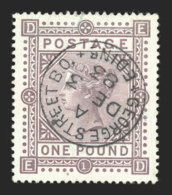 92, 1882-83 £1 Brown lilac on blued paper, watermark large anchor, used, excellent centering, brilliantly rich color, beautifully struck 1883 c.d.s. postmark, mild vertical
crease, otherwise a very fine example of this scarce high value 2002 Si