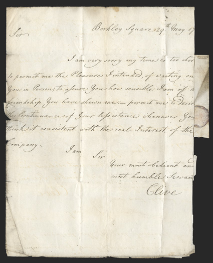 Clive of India ALS a page folded letter signed Clive docketed 1764, the letter was sent internally in England with Penny Post Paid handstamp, the letter is just slightly cut
off at right, fine Major-General Robert Clive (1725-1774) is the man
