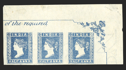 S.G 2, 1854 ½a Blue, die I, without gum as issued, handsome top right corner margin part of the required imprint and corner ornaments mint horizontal strip of three, with ample
to large margins on the other two sides, strong color on remarkabl