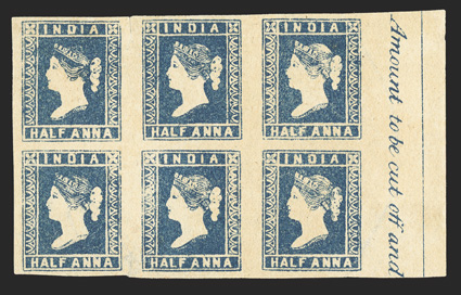 S.G. 6, 1854 ½a Blue, Die II, without gum as issued, right sheet-margin mint block of six (3x2), with part Amount to be cut off and imprint, mostly large margins, pos. 32 shows
retouched chignon, scissor cut in the margin only between the top