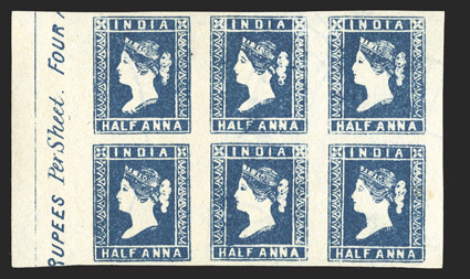 S.G. 7, 1854 ½a Indigo, Die II, without gum as issued, choice left sheet-margin part RUPEES Per Sheet. Four imprint mint block of six (3x2), with intense color contrasted by
bright white paper, ample to huge margins, extremely fine and handsom