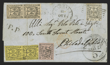 9, 1853 1L Black, single with frame lines on three sides tied by grid cancel along with 10c Black on rose (2), pair of 15c Black on yellow (3) and Pair 25c Black on buff (4)
also cancelled with grids on 1857 folded letter to Philadelphia, Car