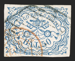 10, 1852 50b Dull blue, attractive used example, four large margins, wonderfully rich color and a clean impression, light grid cancel and a red transit postmark, very fine
seldom encountered in this choice quality 2010 PF certificate (Sassone