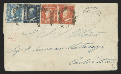 13, 15, 16, 1859 2g Blue, 5g Vermilion, 10g Dark blue, two 5g and singles of the other two, all tied by fancy ornamental cancel on folded cover, light Palermo c.d.s., 5g stamps
with frame lines mostly all around and bright color, some minor cove