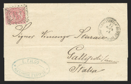Italy 31 (Sassone L20) 1863 40c Carmine, De la Rue printing, single tied by 234 in grid of dots of Alexandria cancel on 1871 cover to Gallipoli, Italy, c.d.s. at right dated
Jan 17, blue oval merchants handstamp, numerous Italian backstamps,
