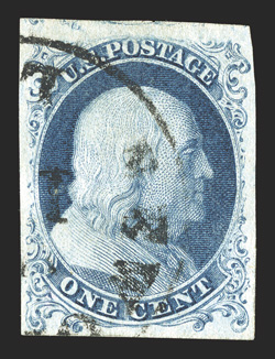 6, 1c Blue, Ty. Ia, position 100L4, large to extra-large margins all around, including showing just a trace of the adjoining stamp at top, deep rich color distinctive to plate 4
stamps, plus its impression is quite detailed which shows the Ty. I