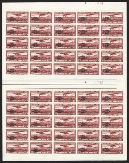 C45a, 1932 20c on 25c Lake air post, imperforate, full sheet of 50 with gutter dividing the two panes of 25, o.g., n.h. (slight disturbance on two stamps), very fine cataloged
as 24 pairs.