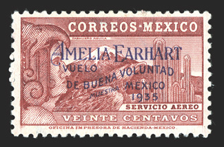 C74S, 1935 20c Amelia Earhart, with Muestra overprint, rich color, o.g., never hinged, trivial gum crease, very fine a rare specimen, which is actually offered with less
frequency than the rare issued stamp clear 2011 Mepsi certificate.