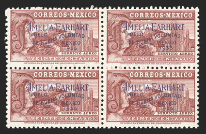 C74S, 1935 20c Amelia Earhart, with Muestra overprint, block of four, quite fresh, o.g., never hinged, top left stamp with faint paperclip indentation and small bit of rust
spots on gum, otherwise fine an enormously rare block, we are aware o