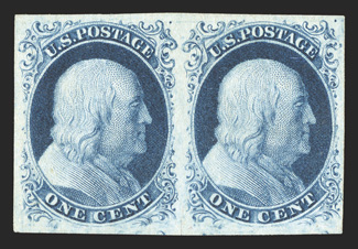 7, 1c Blue, Ty. II, positions 1-2R4, an extremely rare and handsome unused horizontal pair of the imperforate 1851 One Cent Type II from the top row of plate 4, the only row on
the plate 4 sheet that produced Ty. II stamps (all of the other
