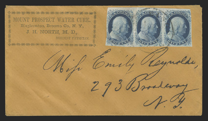 7, 1c Blue, Ty. II, positions 7-9R4, an exceedingly handsome and rare horizontal strip of three, featuring large margins at top and bottom (partial sheet margin at top), and
just barely touched at sides, stunning color and prooflike impressions,