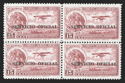 CO21, 1932 15c Carmine air post official, perf. 12, fresh mint block of four, o.g., never hinged, fine-very fine only 300 stamps were printed.