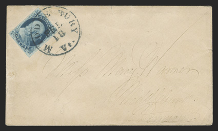8A, 1c Blue, Ty. IIIa, position 18R4, displaying huge break at top, a premium example possessing four large and well balanced margins, very early impression showing the Slate
blue color, tied to locally addressed cover by Middlebury, Vt.Feb 18