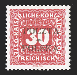 J6, 1919 30h Rose red postage due with Cracow overprint, an attractive mint example of this very scarce stamp, rich color on fresh white paper, o.g., small h.r., very fine
signed Philatelia Krakow and Bloch, as well as being accompanied by 1983