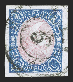 69a, 1865 12c Blue and rose, inverted center, a striking used example of this scarce and attractive invert, boasting huge margins all around, but just as impressive is the
stamps brilliant colors and crisp impression on pristine white paper, li