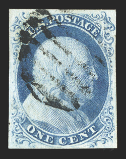 8A, 1c Blue, Ty. IIIa, position 20R4, used, four full and even margins, strong rich color and impression, grid cancel, very fine 1966 PF certificate ex-Cowitt.
