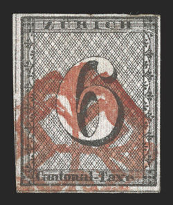 1L2, 1843 6r Black Zurich cantonal, vertical red lines, Type IV, full to large margins all around, fresh color, strong red rosette cancel, small insignificant (plate?) scratch
at top right and a trivial bit of soiling in the extremely top right