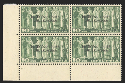 7O1-20, United Nations European Office 1950 5c-10Fr Overprints cplt., in matched bottom left margin blocks of four, bright and fresh, o.g., n.h., very fine (Zumstein 1-20
SF2,900).