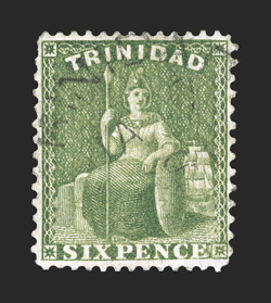 61A, 1876 6p Yellow green, perforated 14 x 12½, an exceptional quality used example of this important British West Indies rarity, which is only known used, boasting far better
centering than typically found, as most have the perforations at righ