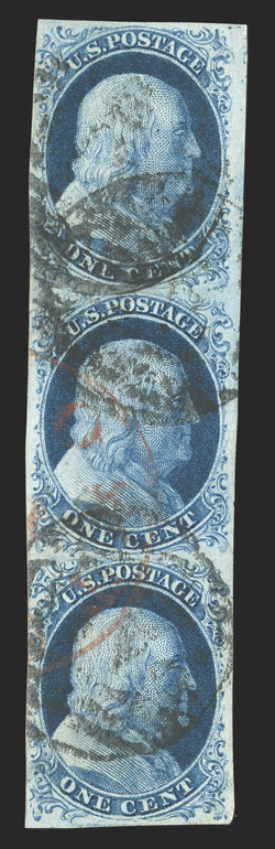 7, 1c Blue, Ty. II, positions 11121R1E (reliefs TBA), an exceptionally handsome and choice vertical strip of three, large margins all around, exceptionally deep luxuriant color
and impressions, black grids and portions of red c.d.s. postmark