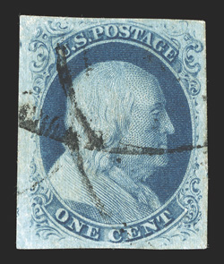 8, 1c Blue, Ty. III, position 68R4, used, displaying excellent Ty. III characteristics, with a distinctive break in top label and a huge break at bottom, four full to mostly
very large margins, rich color, a very fine and choice example of this