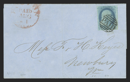 7, 1c Blue, Ty. II, plate 1 early, three mostly large margins, fourth margin just in at top, tied to a very clean 1851 printed circular by a superb strike of the scarce small
Boston PAID in grid cancel, partial matching Boston, Mass.PaidAug