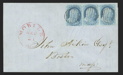 7, 1c Blue, Ty. II, attractive horizontal strip of three with pastel plate 1 early color, margins ranging from just cutting to large, tied to an especially clean 1851 (September
21st) printed circular from Mobile, Ala. to Boston, Mass., (a dista