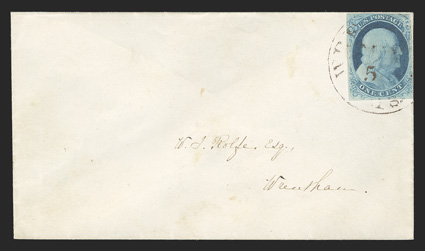 7, 1c Blue, Ty. II, fresh single from plate 1 early, margins just in at top to mostly clear, tied to an immaculate petite cover by an extremely rare Brown Wrentham, Mass.May 5
c.d.s., locally addressed, very fine and quite choice true br