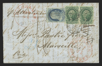 9, 14, 1c Blue, Ty. IV, 10c Green, Ty. II, a single of the former with three large margins (fourth at bottom just cutting) and a pair of the latter with four large margins and
strong fresh color, tied to most attractive 1855 folded letter to Mar
