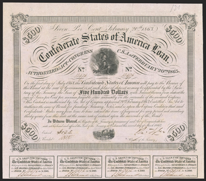 Act of February 20, 1863. $500. Cr. 121, B-221. No. 13476. As previous. Signed by Tyler. 7 coupons below. Light edge wear, a spot or two in margins, about VF+. From The Holger
Dreher Collection