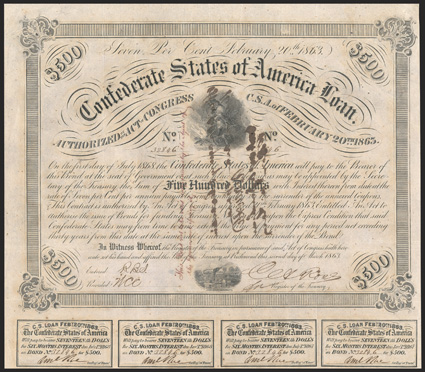 Act of February 20, 1863. $500. Cr. 121, B-222 (?). Trans-Mississippi Bond. No. 32846. Confederate soldier warming his hands over a camp fire. Signed by Rose. Two line
endorsement message handwritten, for Alexandria, La. General Arbuckle. C