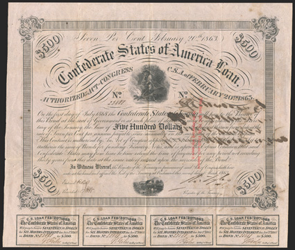 Act of February 20, 1863. $500. Cr. 121, B-227. Trans-Mississippi Bond. No. 23881. As previous Trans-Mississippi bond, but a two line red overprint, but issued from Jefferson,
Texas by Samuel Moseley, CSA depositary. Signed by Tyler. Coupon